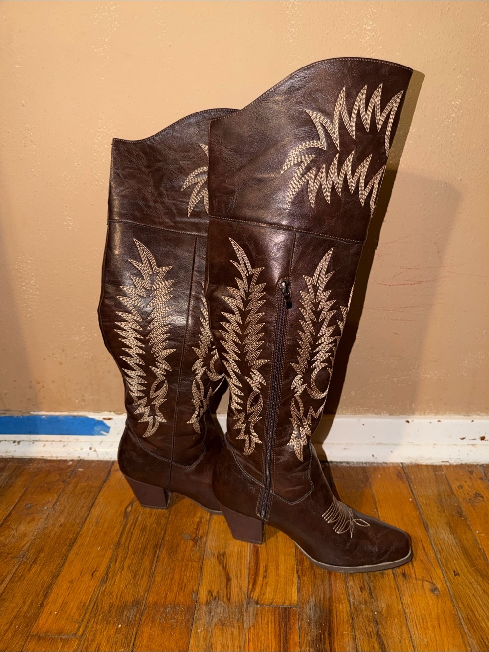 SHEIN Brown Over-the-Knee Embroidered Western Boots